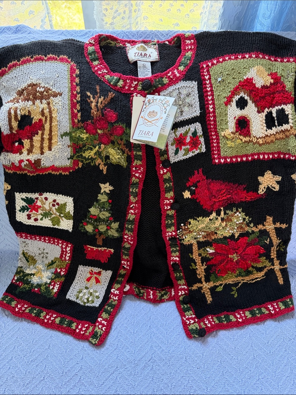 Tiara Black Cardigan with Red, Green and Cream Holiday Needlepoint